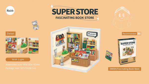 RoLife- Fascinating Book Store | Super Creator DIY Stackable Dollhouse Miniatures Kit