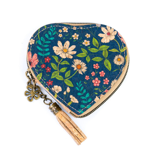 Heart-Shaped Cork Coin Purse with Tassel - Vegan Leather Alternative Zipper Pouch BAG-2370: D