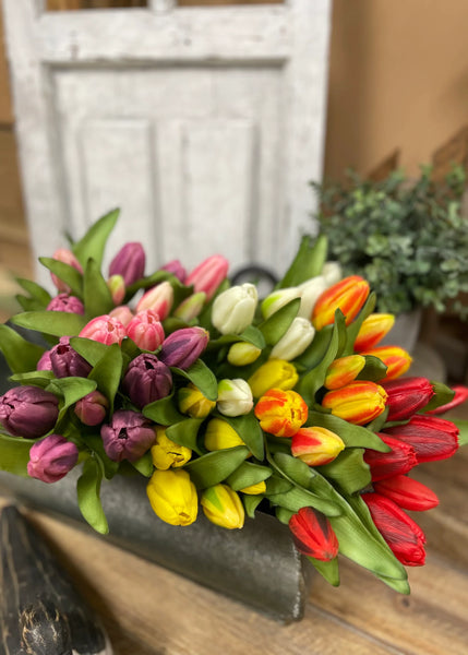 12" Real Touch Dark Plum Tulip Bundle w/Greenery (4 Flowers & 3 Buds)