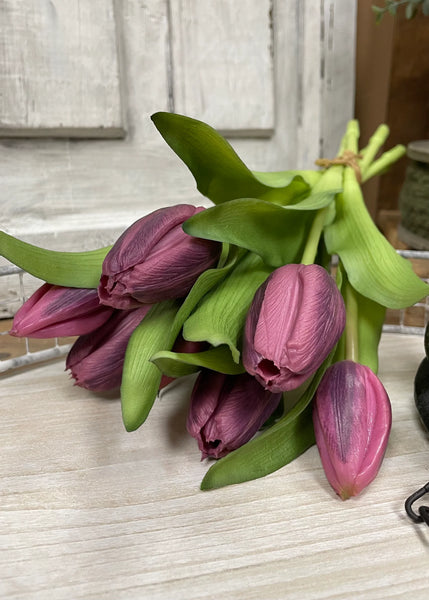 12" Real Touch Dark Plum Tulip Bundle w/Greenery (4 Flowers & 3 Buds)