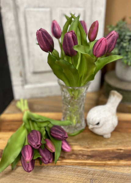 12" Real Touch Dark Plum Tulip Bundle w/Greenery (4 Flowers & 3 Buds)