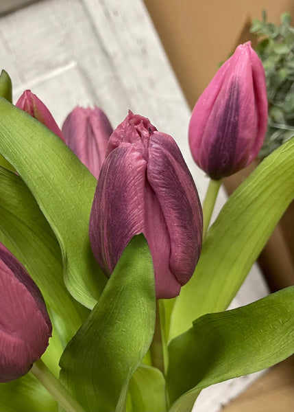 12" Real Touch Dark Plum Tulip Bundle w/Greenery (4 Flowers & 3 Buds)