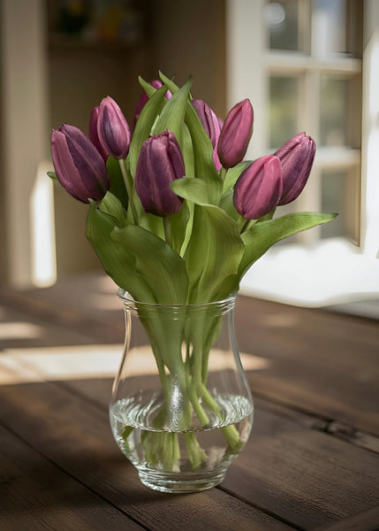 12" Real Touch Dark Plum Tulip Bundle w/Greenery (4 Flowers & 3 Buds)