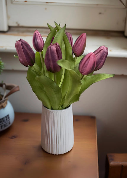 12" Real Touch Dark Plum Tulip Bundle w/Greenery (4 Flowers & 3 Buds)