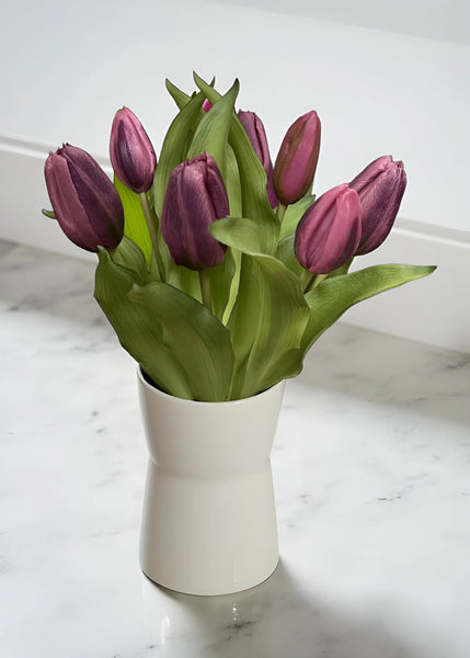 12" Real Touch Dark Plum Tulip Bundle w/Greenery (4 Flowers & 3 Buds)