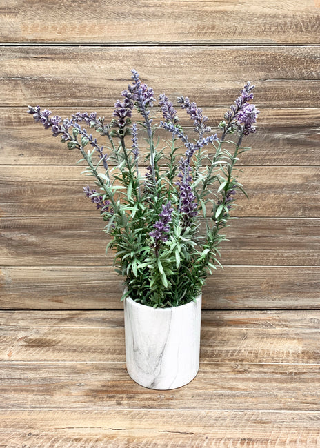16" Lavender bush in faux white marble pot