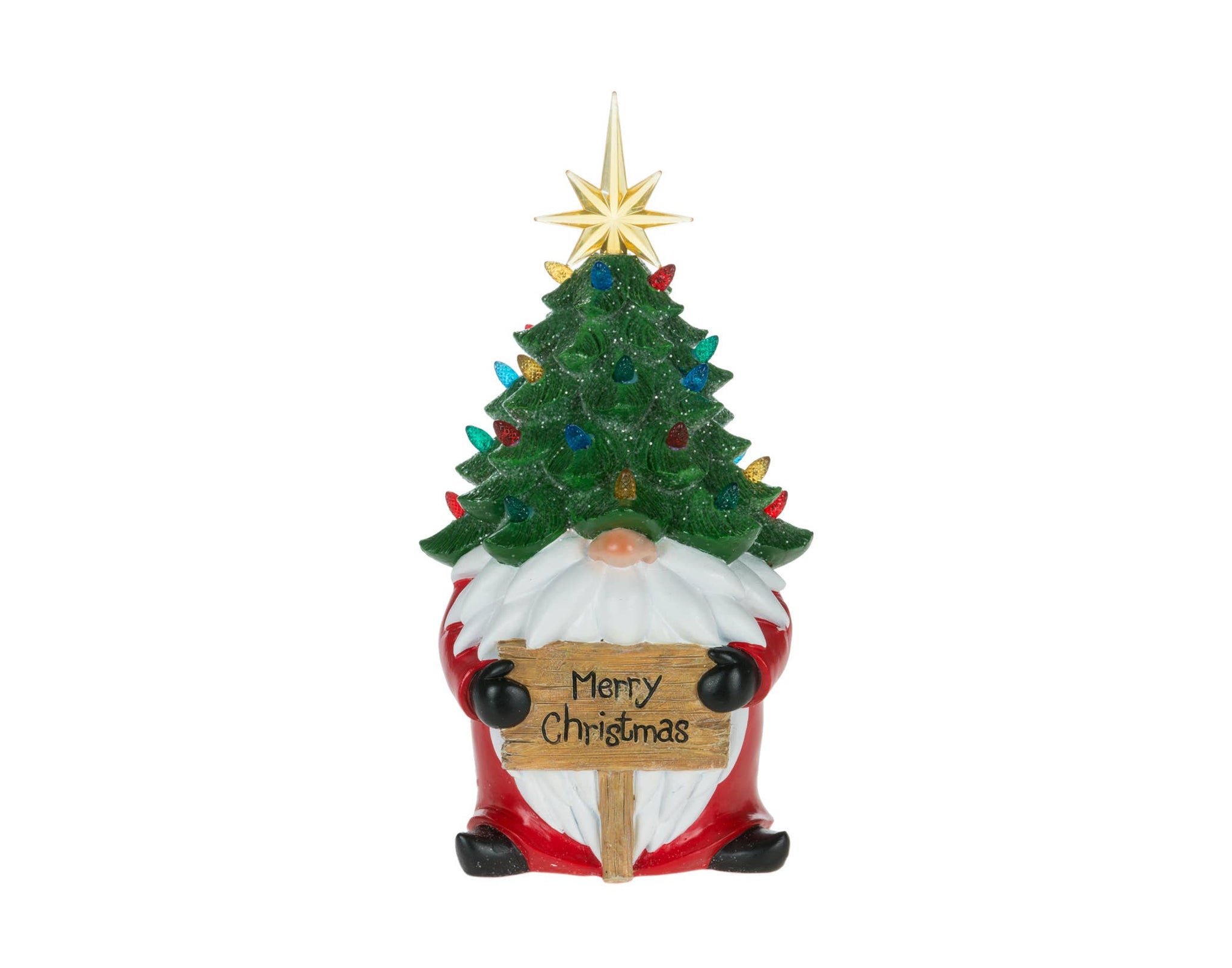 11" Gnome w/Tree Hat, Merry Christmas Sigh & LED Lights