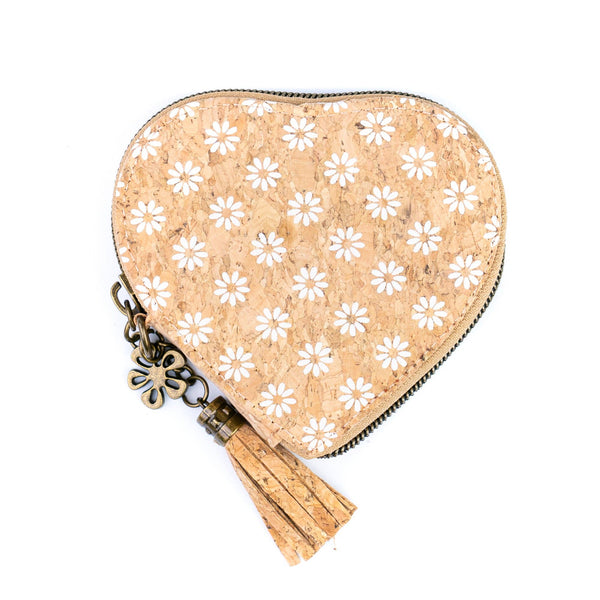 Heart-Shaped Cork Coin Purse with Tassel - Vegan Leather Alternative Zipper Pouch BAG-2370: D