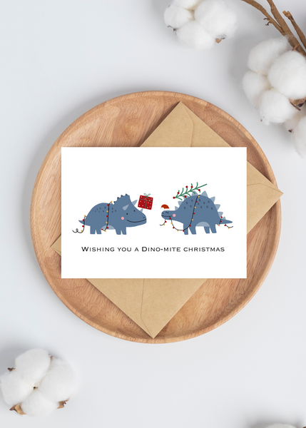 Card - Wishing You A Dino-Mite Christmas Two Blue Dinosaurs