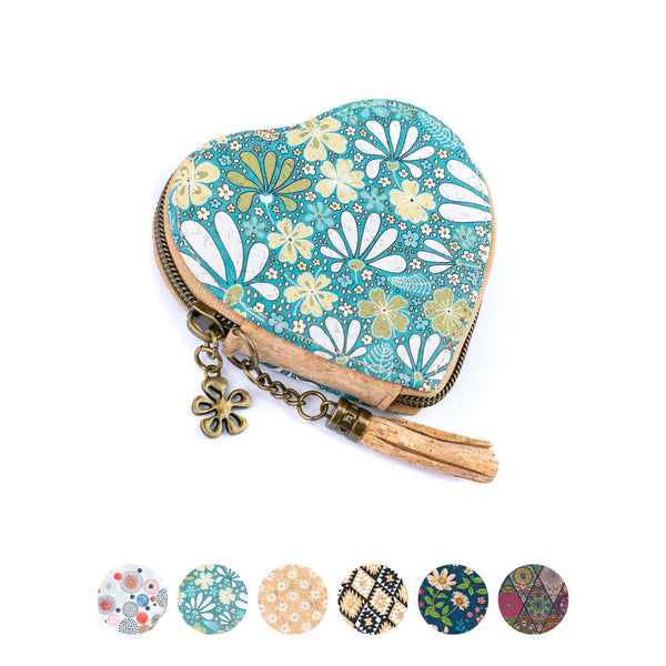 Heart-Shaped Cork Coin Purse with Tassel - Vegan Leather Alternative Zipper Pouch BAG-2370: C