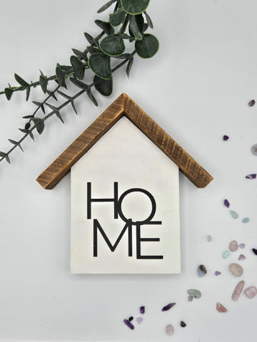 Small rustic house "HOME" sign -white