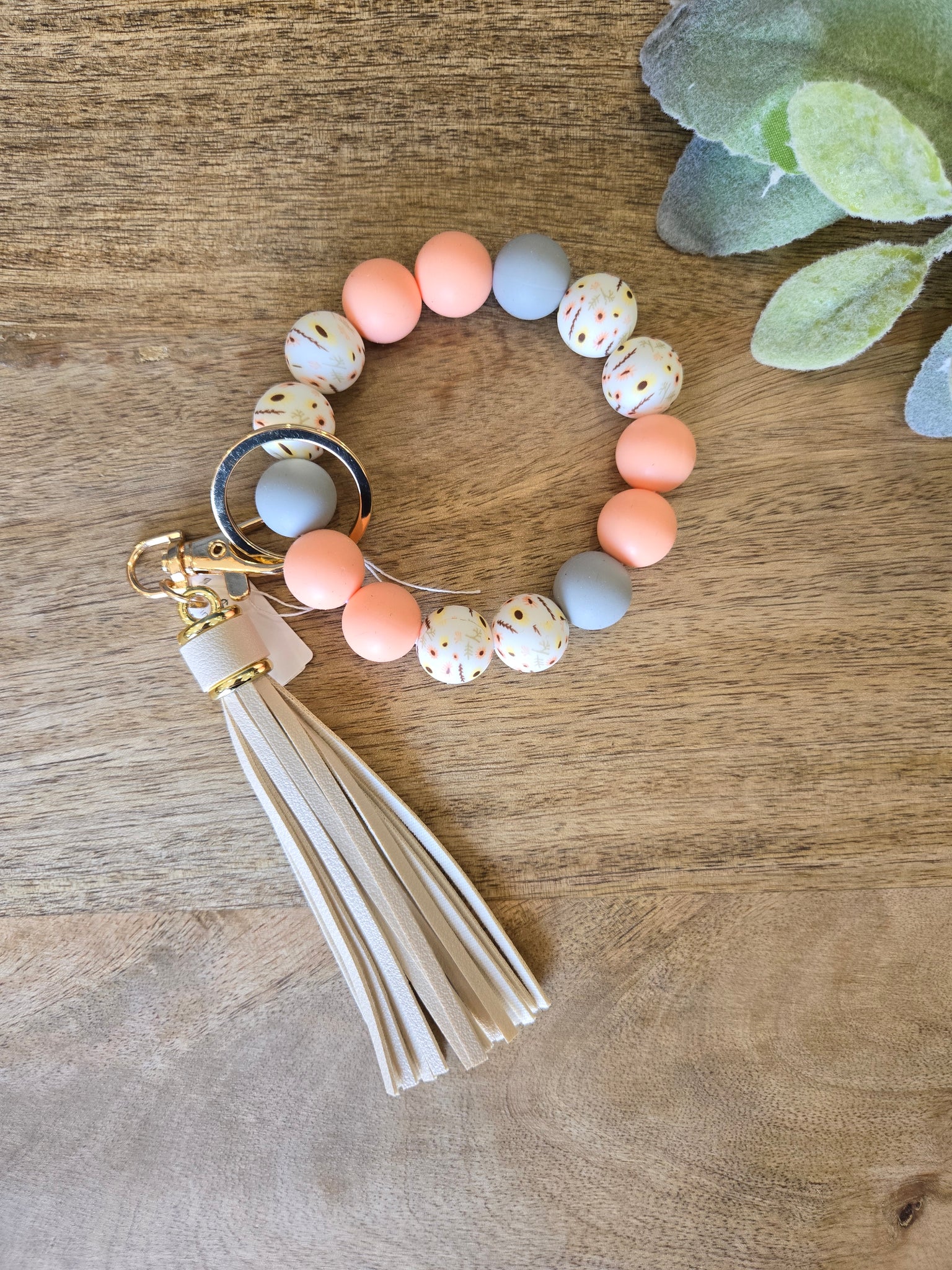 Silicone Wristlet- Coral, Grey, Floral Print Beads