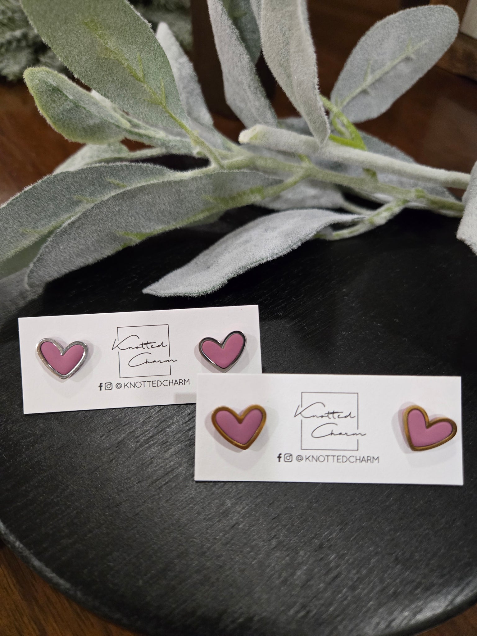 Heart stud Earrings- dark pink & silver
