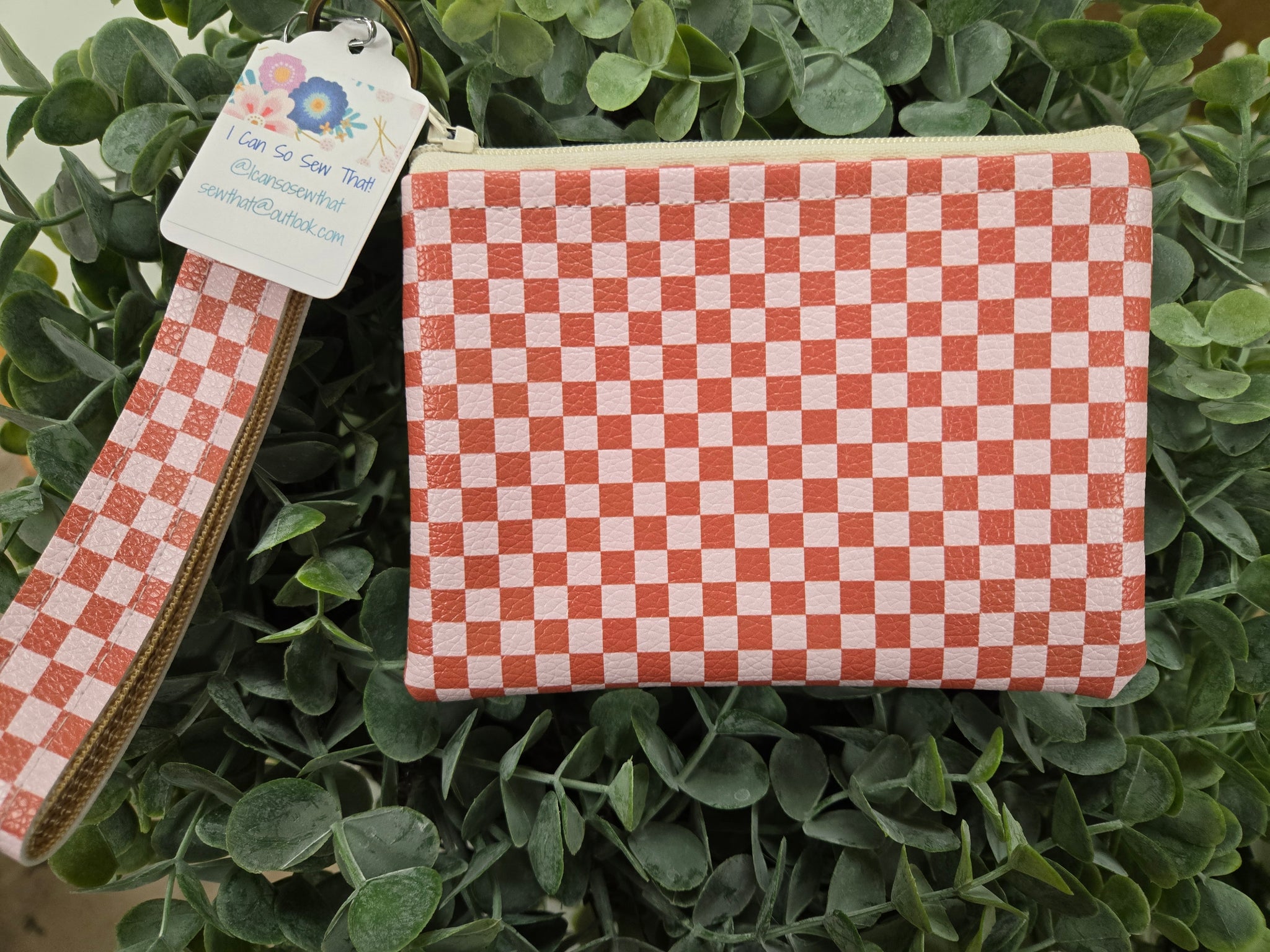 Faux Zip With Fob Keychain Pouch- terracotta checkers