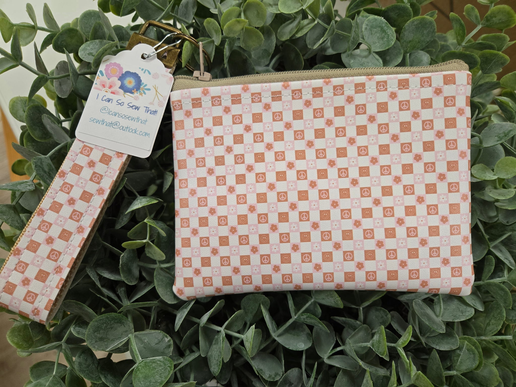 Faux Zip With Fob Keychain Pouch- peace and floral checkers