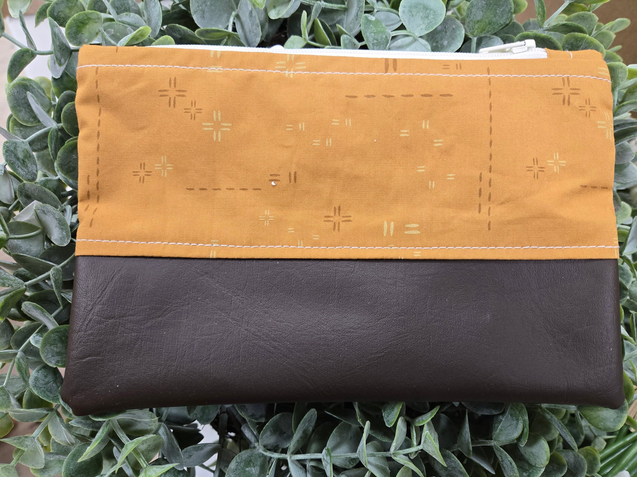 Pencil case faux leather base, cotton top -chocolate and caramel