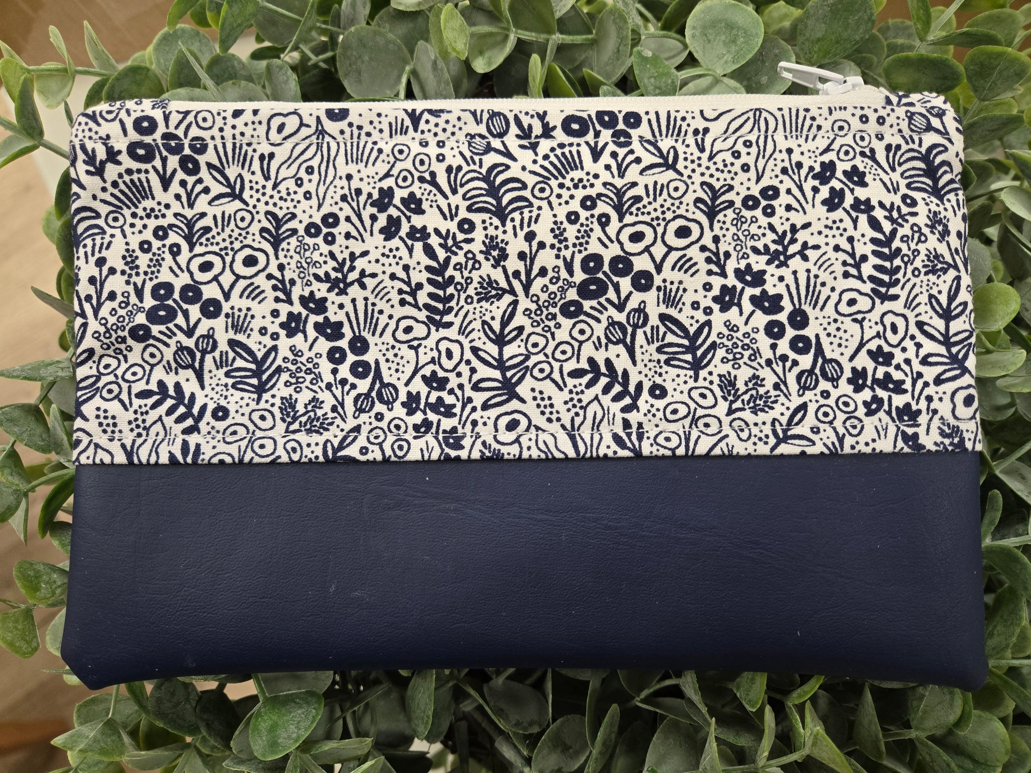 Pencil case faux leather base, cotton top -navy floral