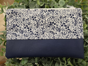 Pencil case faux leather base, cotton top -navy floral
