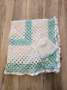 Large knit baby blanket and hat set - multi color green, blue and white with white hat