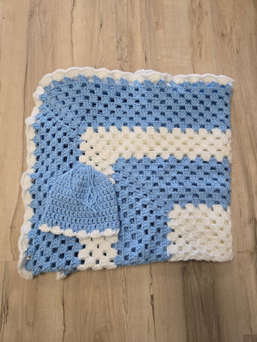 Large knit baby blanket and hat set -Blue and white with blue hat