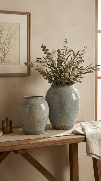 Ceramic Vase, Vintage Style, Tall Blue Crackle - Luna: Large