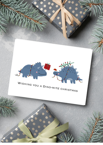 Card - Wishing You A Dino-Mite Christmas Two Blue Dinosaurs