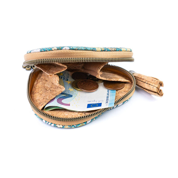 Heart-Shaped Cork Coin Purse with Tassel - Vegan Leather Alternative Zipper Pouch BAG-2370: D