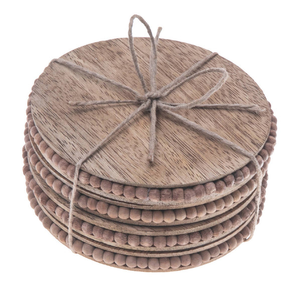 Set Of 4 Natural Beaded Round Coasters: Brown