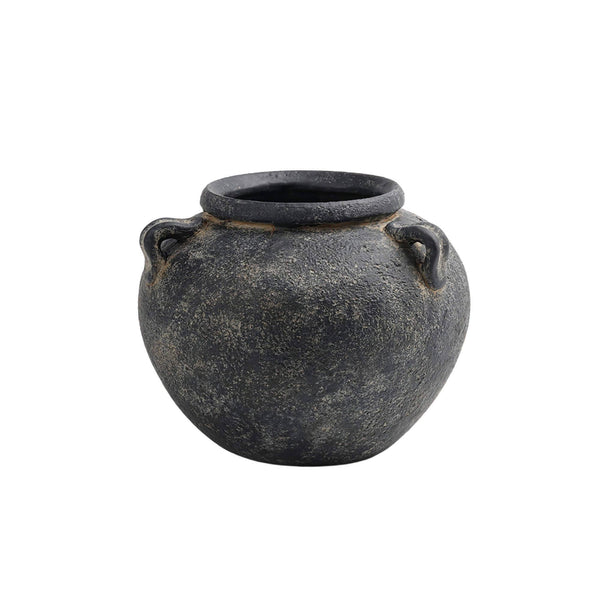 Black Low Round Terracotta Vase With Handles