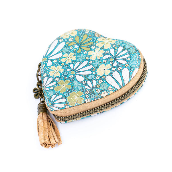 Heart-Shaped Cork Coin Purse with Tassel - Vegan Leather Alternative Zipper Pouch BAG-2370: C