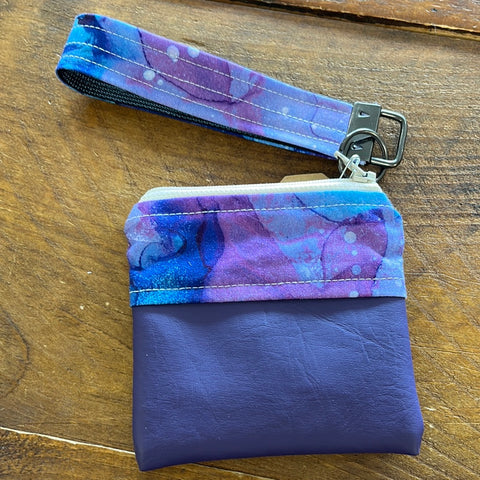 Small 1/2  Faux & 1/2 Cotton 4"x4" Zip Pouch W Fob- Purple