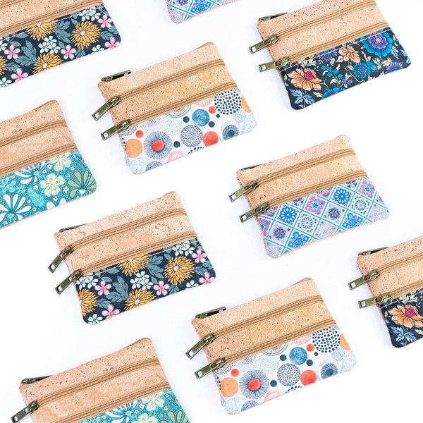 Triple-Zip Cork Mini Coin Pouch BAG-2326: C