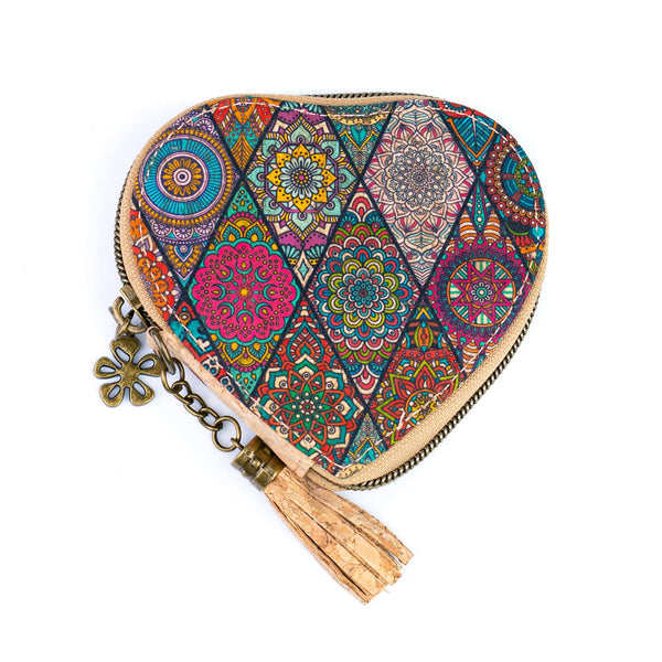 Heart-Shaped Cork Coin Purse with Tassel - Vegan Leather Alternative Zipper Pouch BAG-2370: E