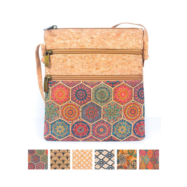 Natural cork Patterned double zipper crossbody bag BAG-2265: C