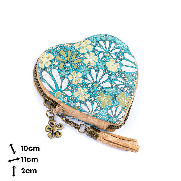 Heart-Shaped Cork Coin Purse with Tassel - Vegan Leather Alternative Zipper Pouch BAG-2370: E