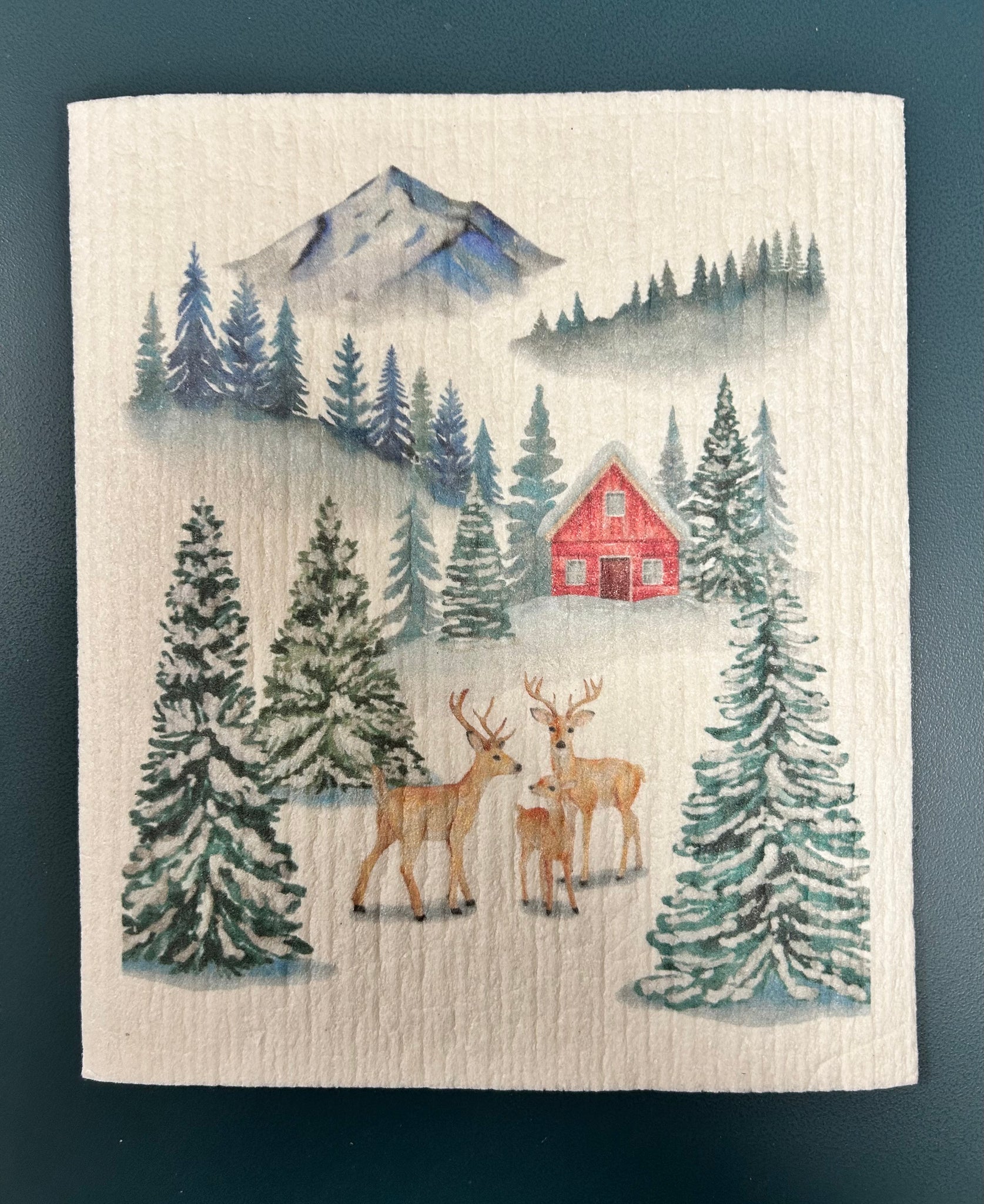 Winter Cabin w/Deers Swedish Dish Cloth