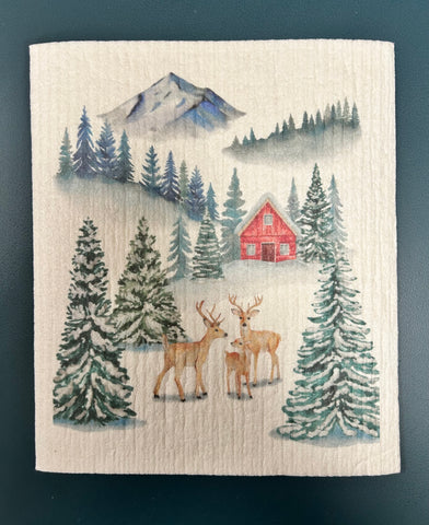 Winter Cabin w/Deers Swedish Dish Cloth