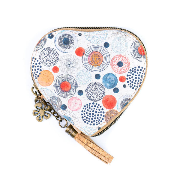 Heart-Shaped Cork Coin Purse with Tassel - Vegan Leather Alternative Zipper Pouch BAG-2370: E