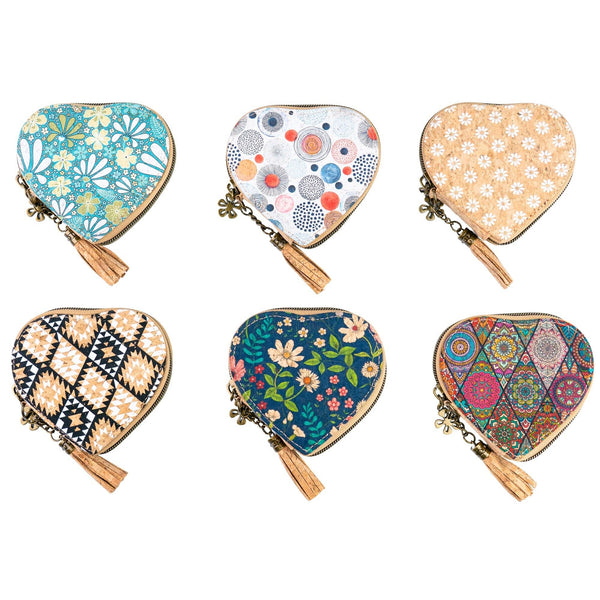 Heart-Shaped Cork Coin Purse with Tassel - Vegan Leather Alternative Zipper Pouch BAG-2370: D