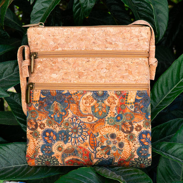 Natural cork Patterned double zipper crossbody bag BAG-2265: C