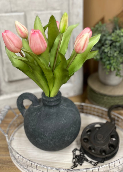 12" Real Touch Pink Tulip Bundle w/Greenery (4 Flowers & 3 Buds)