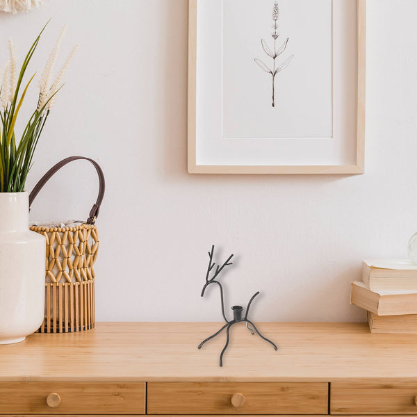 Black Metal Deer Taper Candleholder Sprawled: Black