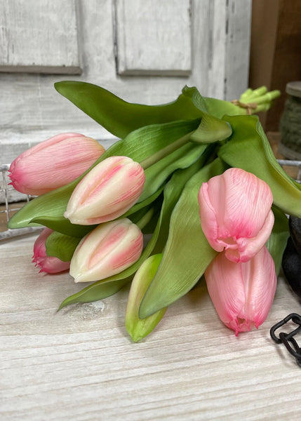 12" Real Touch Pink Tulip Bundle w/Greenery (4 Flowers & 3 Buds)