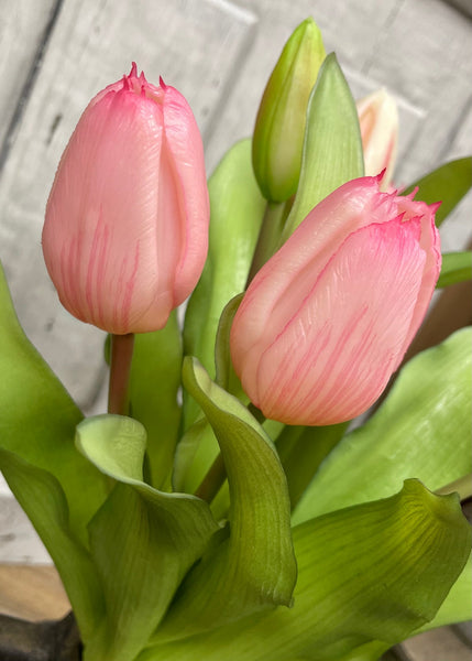 12" Real Touch Pink Tulip Bundle w/Greenery (4 Flowers & 3 Buds)