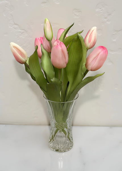 12" Real Touch Pink Tulip Bundle w/Greenery (4 Flowers & 3 Buds)