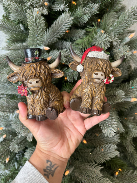 Resin Holiday Highland Cow 4.33"H - 2 Styles