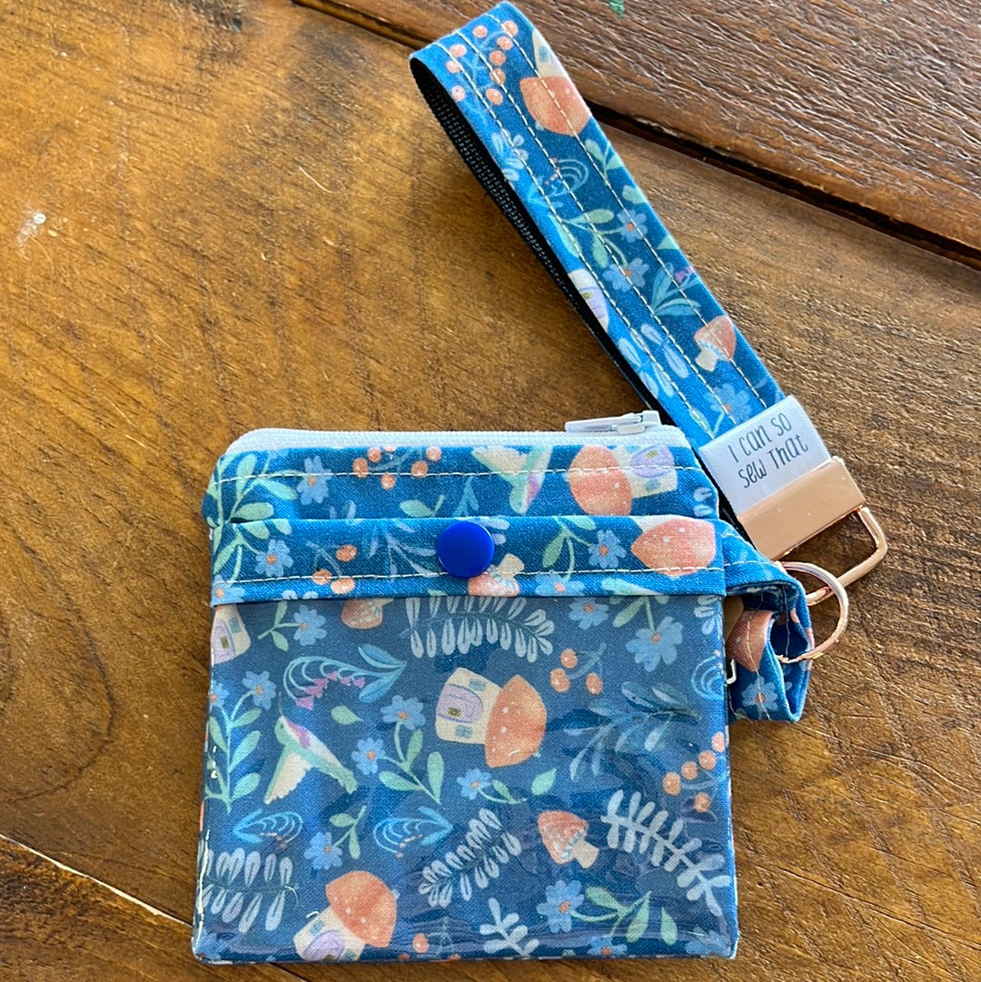 Zip Pouch 5x5" w/Clear Pocket & Fob -Blue Mushroom House