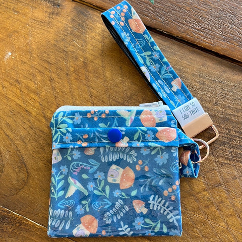 Zip Pouch 5x5" w/Clear Pocket & Fob -Blue Mushroom House
