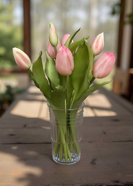 12" Real Touch Pink Tulip Bundle w/Greenery (4 Flowers & 3 Buds)