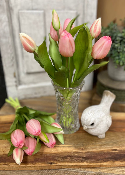 12" Real Touch Pink Tulip Bundle w/Greenery (4 Flowers & 3 Buds)